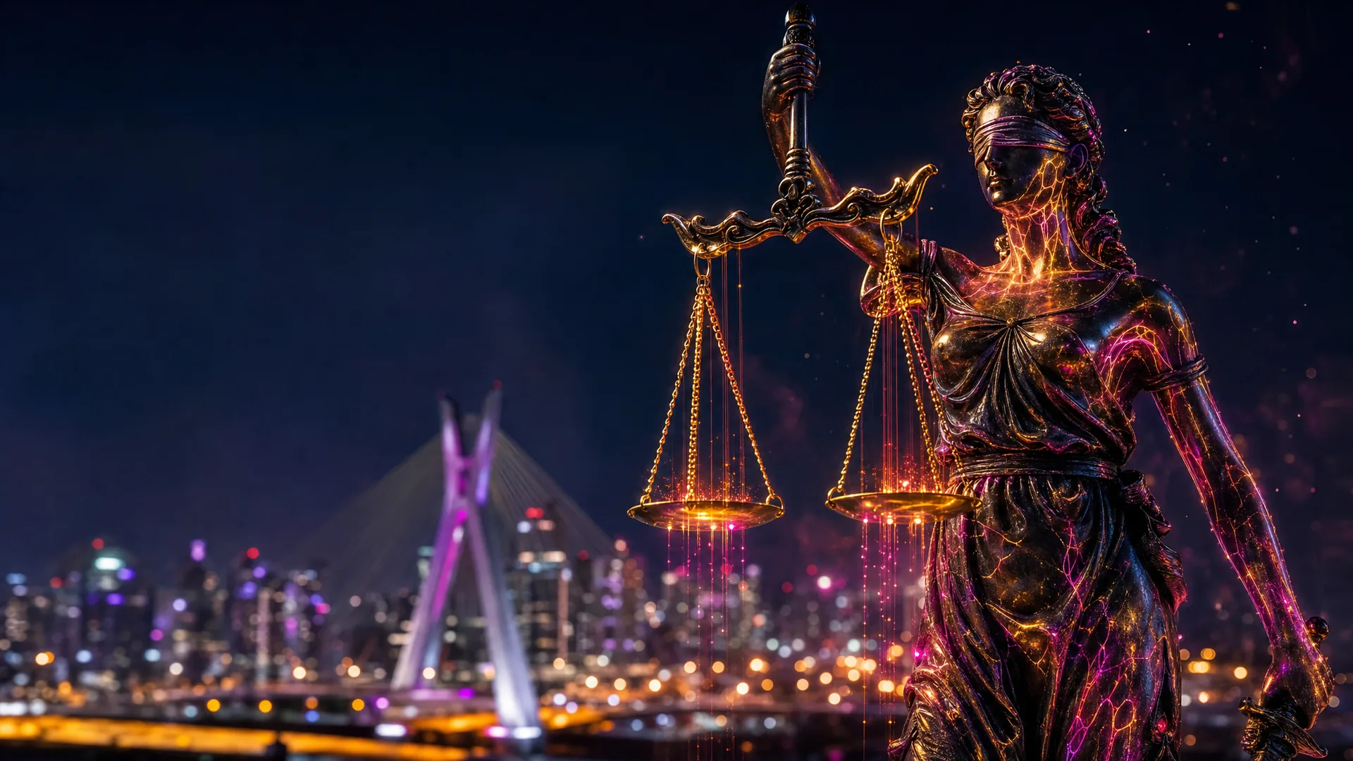 Estátua da Justiça de olhos vendados, com a balança na mão, iluminada por dentro por fios de luz magenta e laranja, diante da ponte estaiada e do skyline de São Paulo à noite