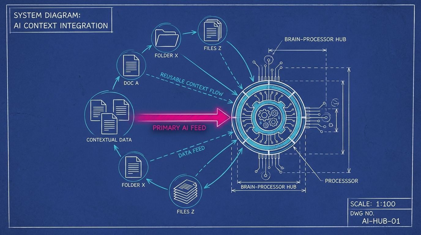 Diagrama blueprint de documentos alimentando um hub central de IA, contexto reusável (Degrau 2)