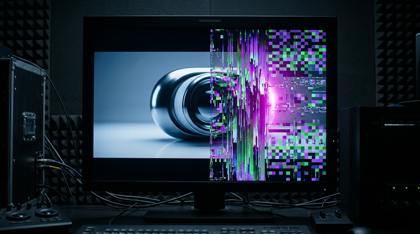 Frame de case film em datamosh: metade foto-realista, metade artefatando, a fabricação se revelando