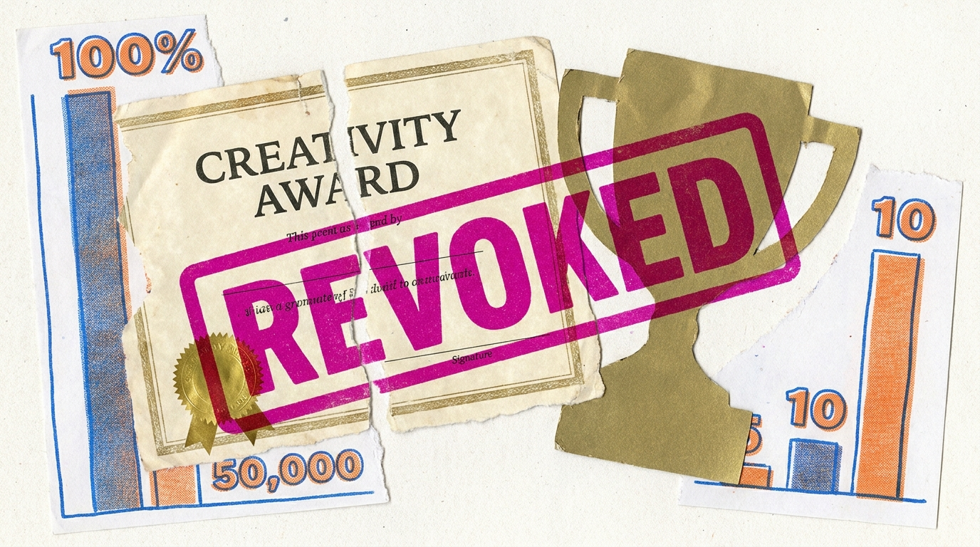 Colagem editorial: certificado de prêmio rasgado e troféu recortado, carimbo magenta REVOGADO atravessando