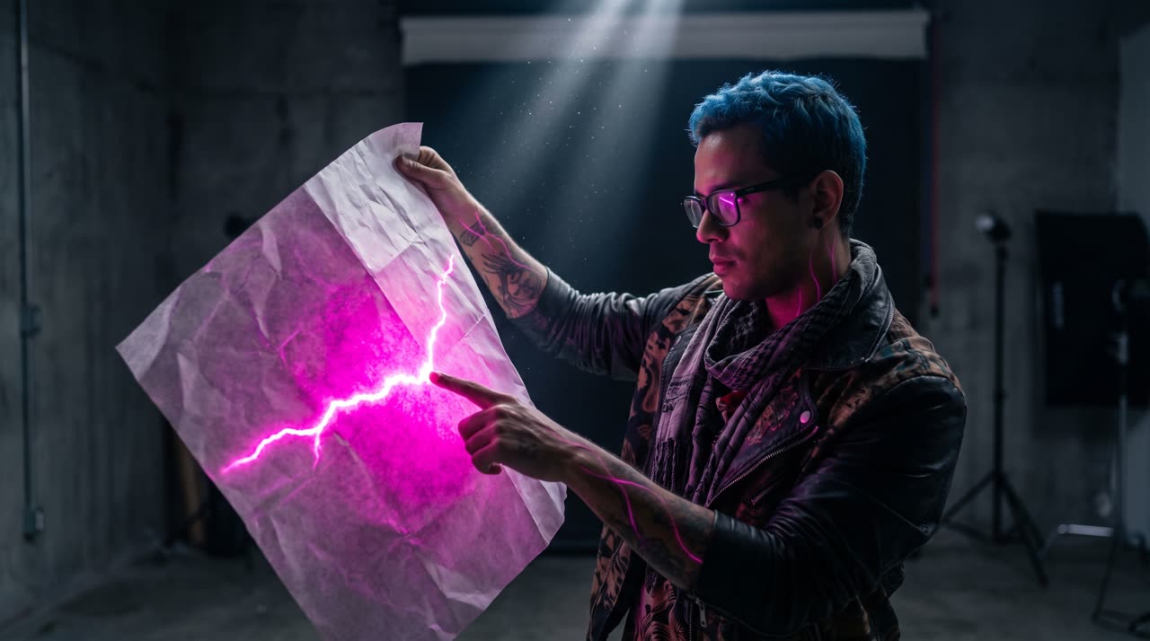 Diretor criativo sozinho sob uma luz dura, segurando uma folha que brilha em magenta enquanto uma rachadura de luz se abre no papel sob o dedo dele.