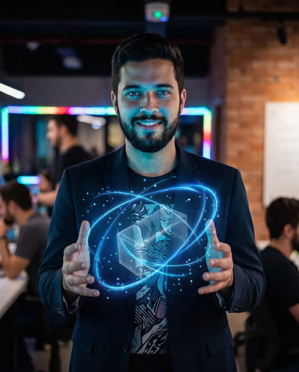 Retrato: fundador de startup de moletom, a luz nascendo das mãos sobre o laptop num co-working neon
