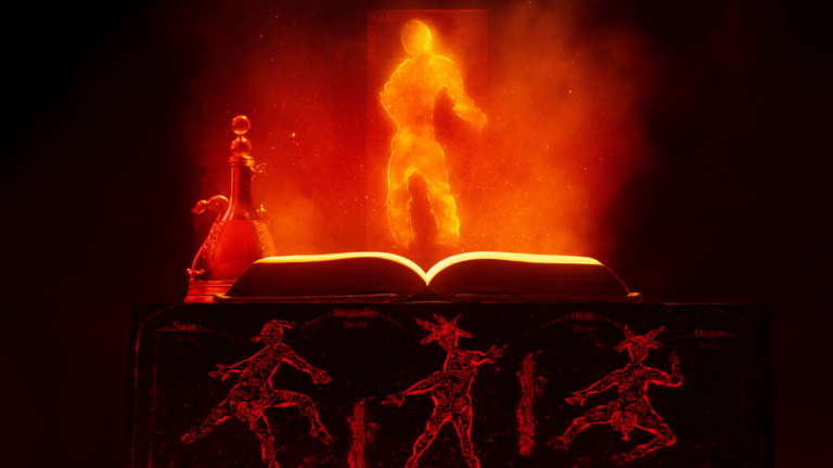 Alambique de bronze destilando luz dourada sobre grimório de arquétipos pessoais com sigils em lava red sobre obsidiana