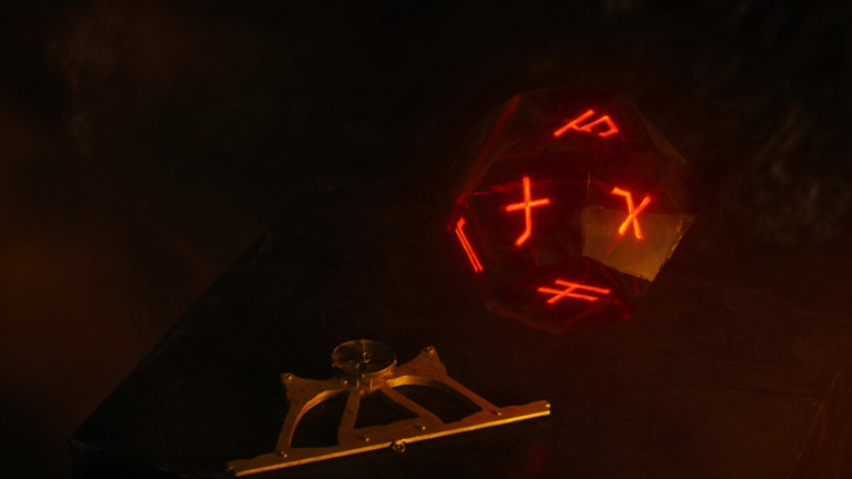 Dodecaedro oracular de seis faces sobre altar de obsidiana com sigils diagnósticos em lava red