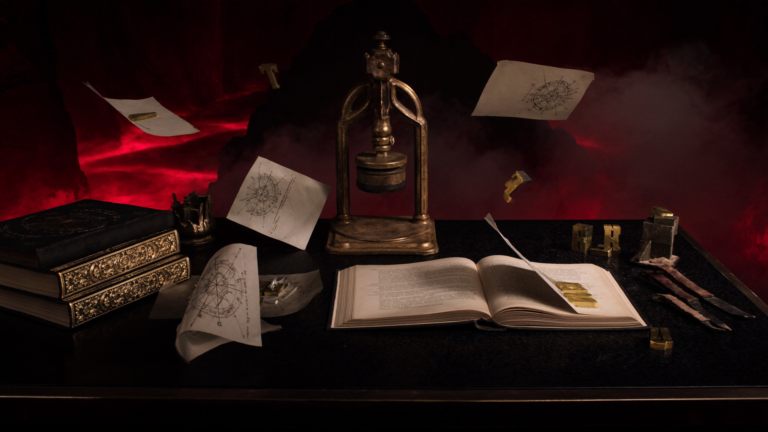 Prensa tipográfica de bronze com livro aberto e páginas voando iluminadas em lava red