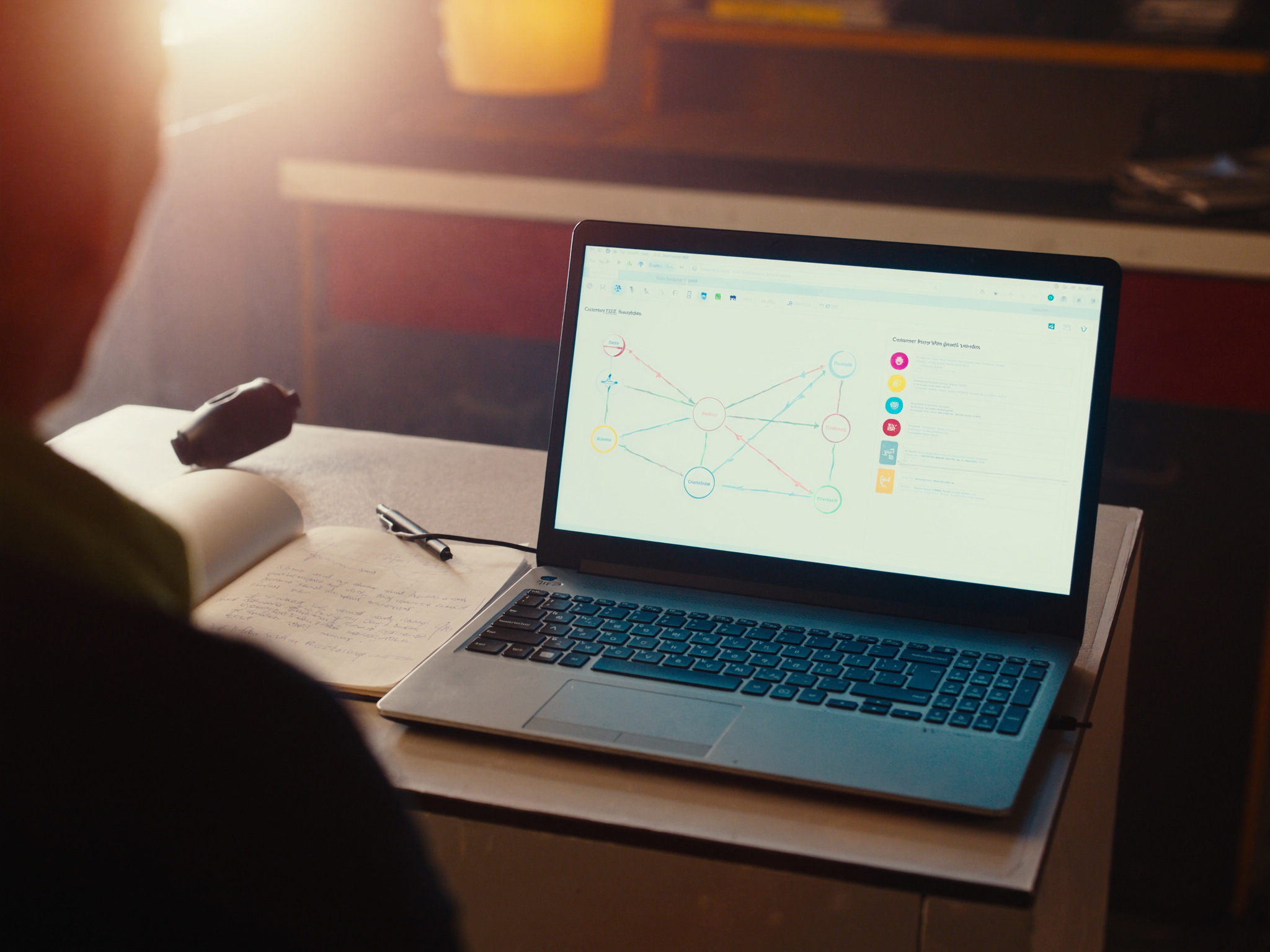 Mesa com laptop exibindo customer journey e dashboards: First-Party Data como ativo proprietário