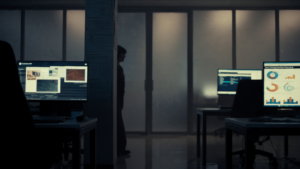 Lab de dados de cliente com monitores e dashboards em luz amber: First-Party Data como ativo defensável