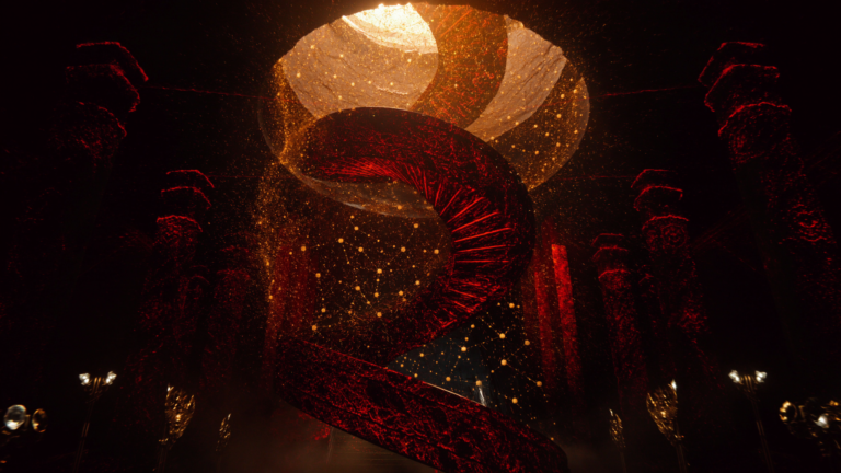 Escada espiral ascendente com nós de constelação e sigils de network em lava red sobre obsidiana