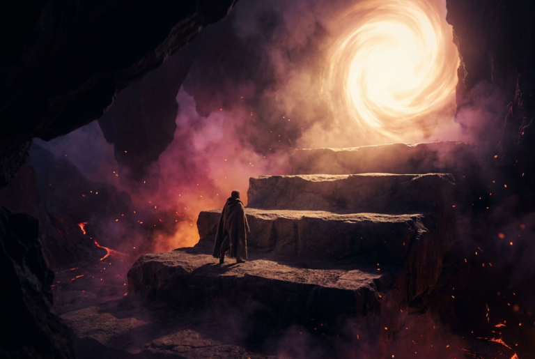 Figura solitária diante de degraus de pedra subindo rumo a um portal de luz, masmorra vulcânica em magenta e lava
