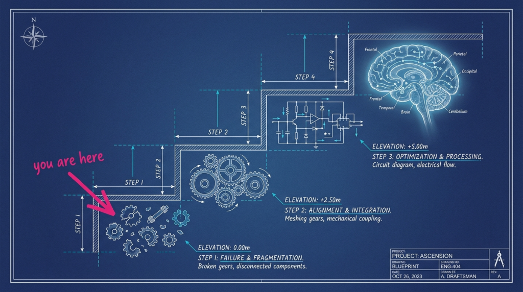 Blueprint tecnico dos 4 degraus da maturidade em IA com marcador 'voce esta aqui' no Degrau 1