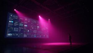 Palco escuro com uma parede de dashboards de dados iluminada — a infra de atribuição vs o que o pixel não vê
