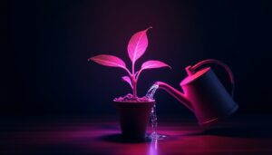 Planta que prospera enquanto a água do regador escorre por fora — retenção vs aquisição que vaza