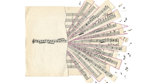 Partitura musical rasgada ao centro — linha de melodia única à esquerda, partitura orquestral completa se abrindo à direita — metáfora visual do salto de músico a maestro na era da IA