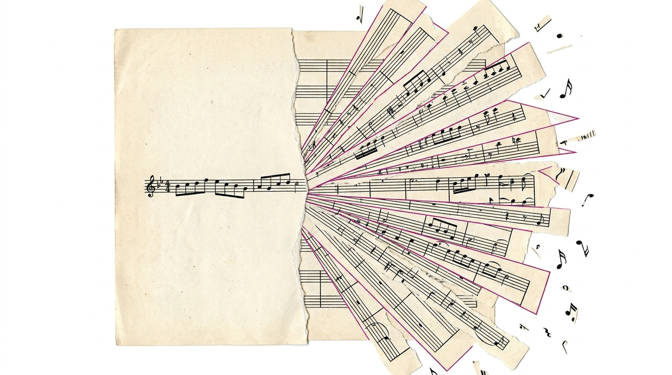 Partitura musical rasgada ao centro — linha de melodia única à esquerda, partitura orquestral completa se abrindo à direita — metáfora visual do salto de músico a maestro na era da IA