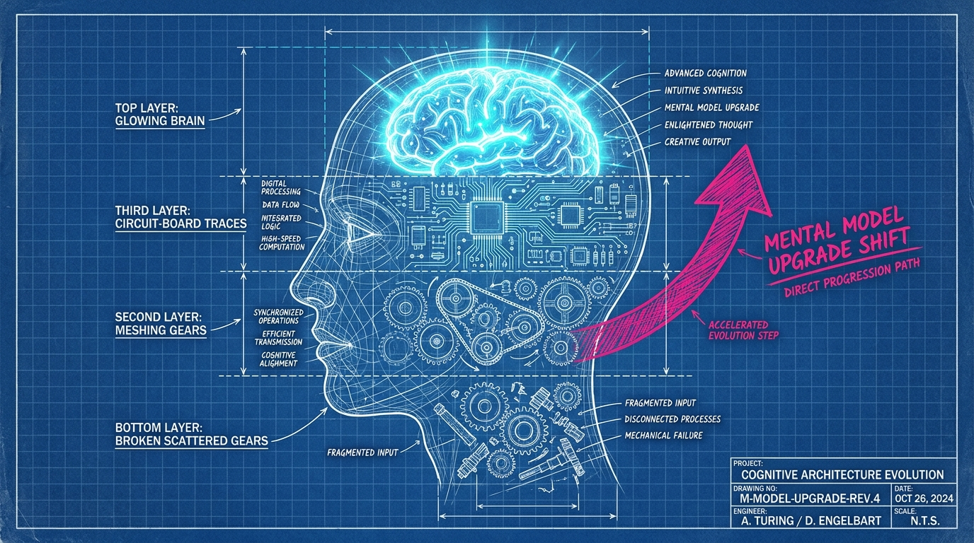 Diagrama blueprint de uma cabeça com 4 camadas (engrenagens quebradas, engrenagens, circuito, cérebro) — evolução do modelo mental em IA