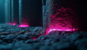Macro de pilares sob carga com luz magenta nas fissuras, a fundacao de CX que segura a escala