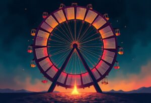 Calendário circular com os doze meses conectados por bandeirinhas juninas — o ano como sistema de marca